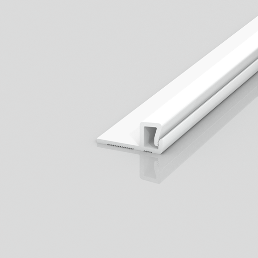A white, rectangular plastic or metal trim piece with a U-shaped channel and a flat base, placed on a reflective light grey surface.