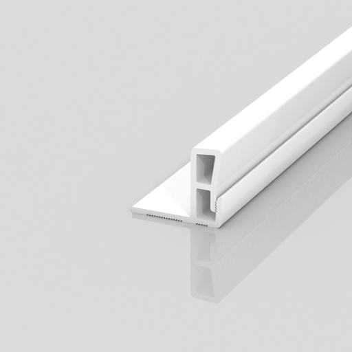 A white, rectangular plastic or metal profile with two hollow sections sits on a reflective surface. One side has a flat extension with a textured edge, suggesting use as a trim or connector piece.
