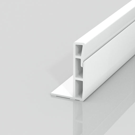 A white, L-shaped plastic or metal extrusion with three rectangular hollow sections stands upright on a flat, reflective surface, with a thin horizontal base extending to the right.