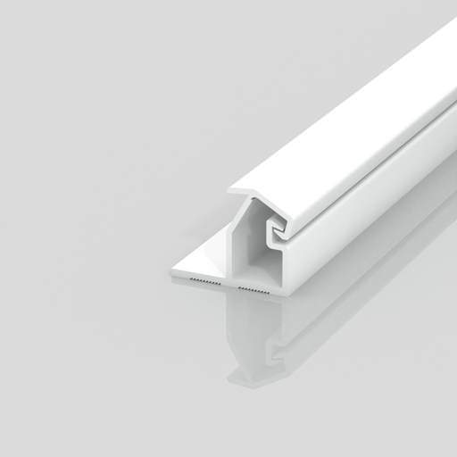 A white, T-shaped plastic or metal extrusion piece with grooves and a smooth surface, placed on a light gray reflective background.