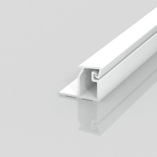 A white, rectangular plastic or metal extrusion with a grooved channel and a flat, perforated base sits on a glossy, light gray surface.