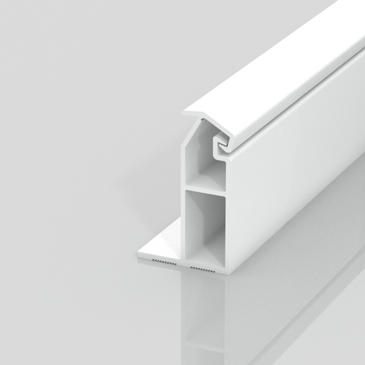 A white, L-shaped plastic or metal extrusion with a hollow rectangular base and a curved top section, set against a smooth, light gray background with a reflective surface.