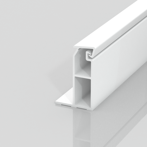 A white, rectangular plastic extrusion profile with multiple internal chambers and a curved top edge, displayed on a reflective surface against a plain light background.