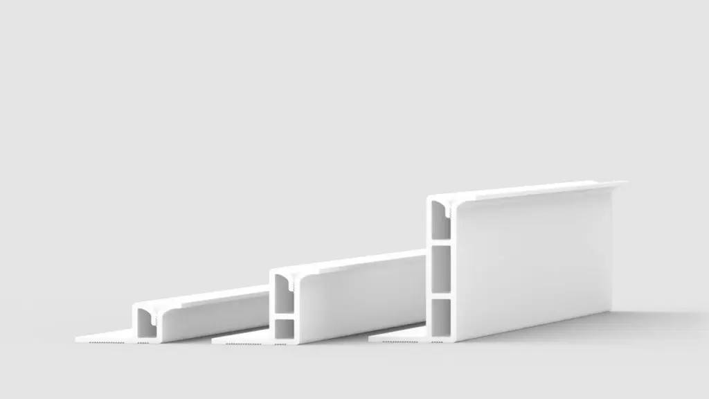 Three white structural beams with hollow sections are shown in a row, each slightly taller and wider than the previous one, set against a plain light gray background.