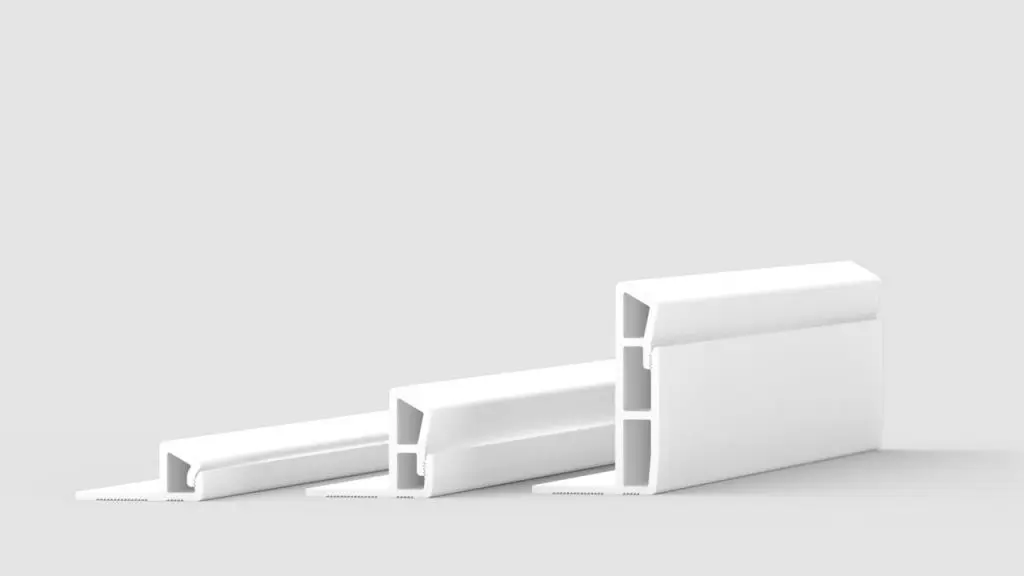 Three white rectangular plastic or rubber sealing strips, each with hollow sections and angled edges, are displayed side by side on a plain light gray background.