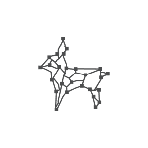 Minimalist illustration of a dog composed of interconnected straight lines and dots, forming a geometric, abstract outline against a light gray background.