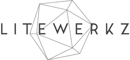 The word LITEWERKZ in uppercase black letters is overlaid on a minimalist geometric wireframe shape resembling a polyhedron on a light gray background.