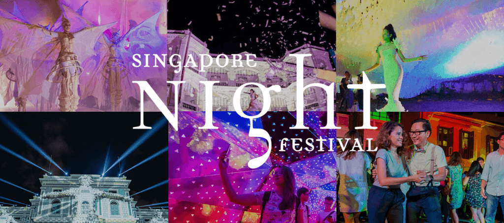 Collage of vibrant scenes from the Singapore Night Festival, featuring performers, colorful lights, illuminated buildings, confetti, and people enjoying the festivities, overlaid with the events name.
