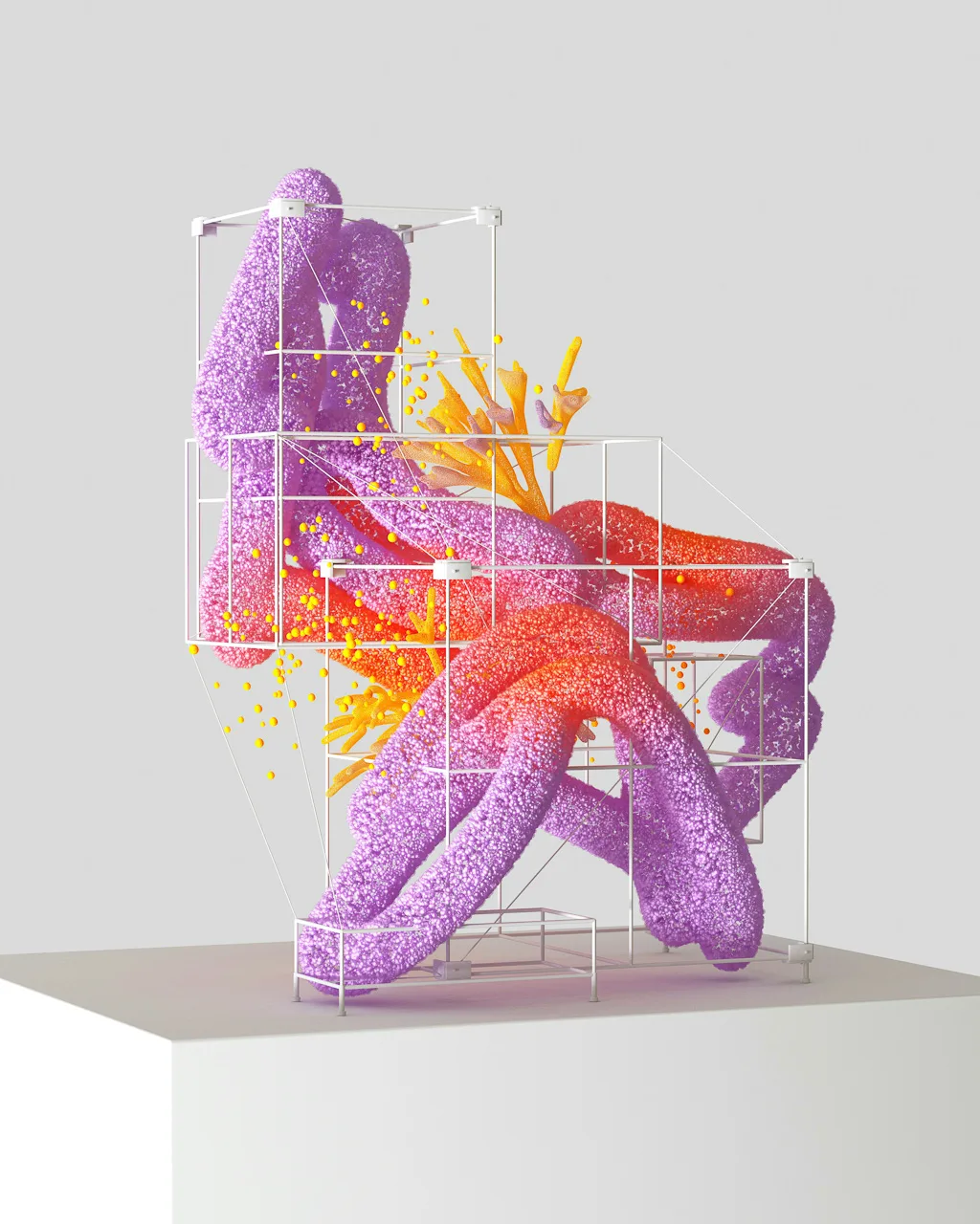 A surreal sculpture with looping, textured purple and orange forms, partially enclosed by a geometric white metal frame showcasing innovative fabric technologies for sound absorption, with yellow and orange splashes, displayed on a white pedestal against a plain background.