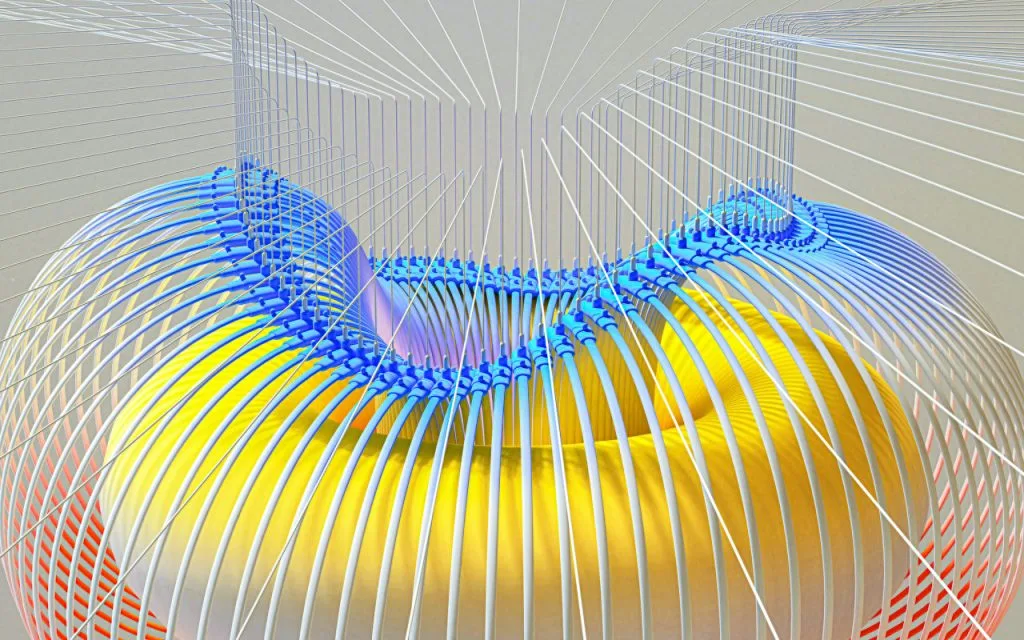 Abstract digital artwork featuring a yellow torus with red, blue, and white curved and straight lines radiating outward, evoking the layered 3D effect found in designs inspired by the acoustic properties of fabrics in acoustic panels.