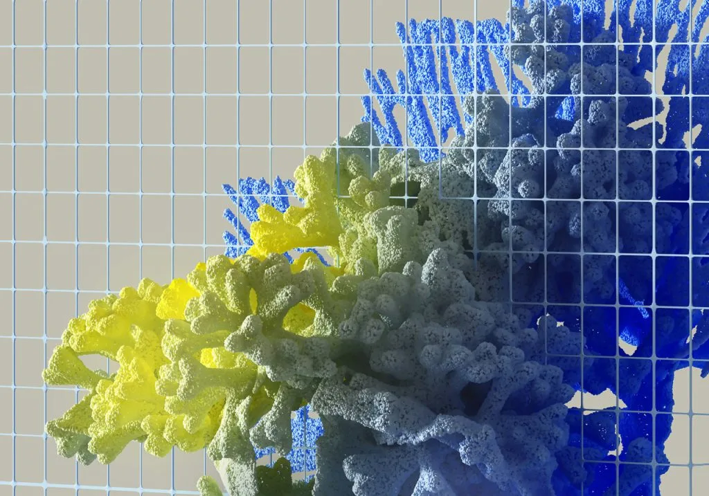 Bright yellow, green, and blue coral-like structures sit behind a semi-transparent white grid on a beige background, blending organic shapes with geometric lines in a modern, abstract composition inspired by the acoustic properties of fabrics in acoustic panels.