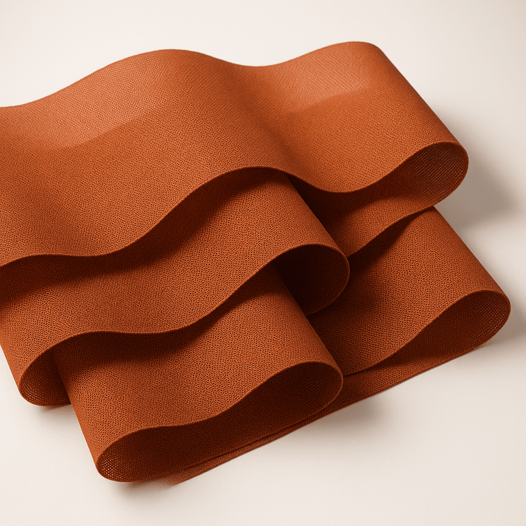 A piece of textured, burnt orange acoustically transparent fabric is arranged in smooth, flowing, wave-like folds on a light, neutral surface.