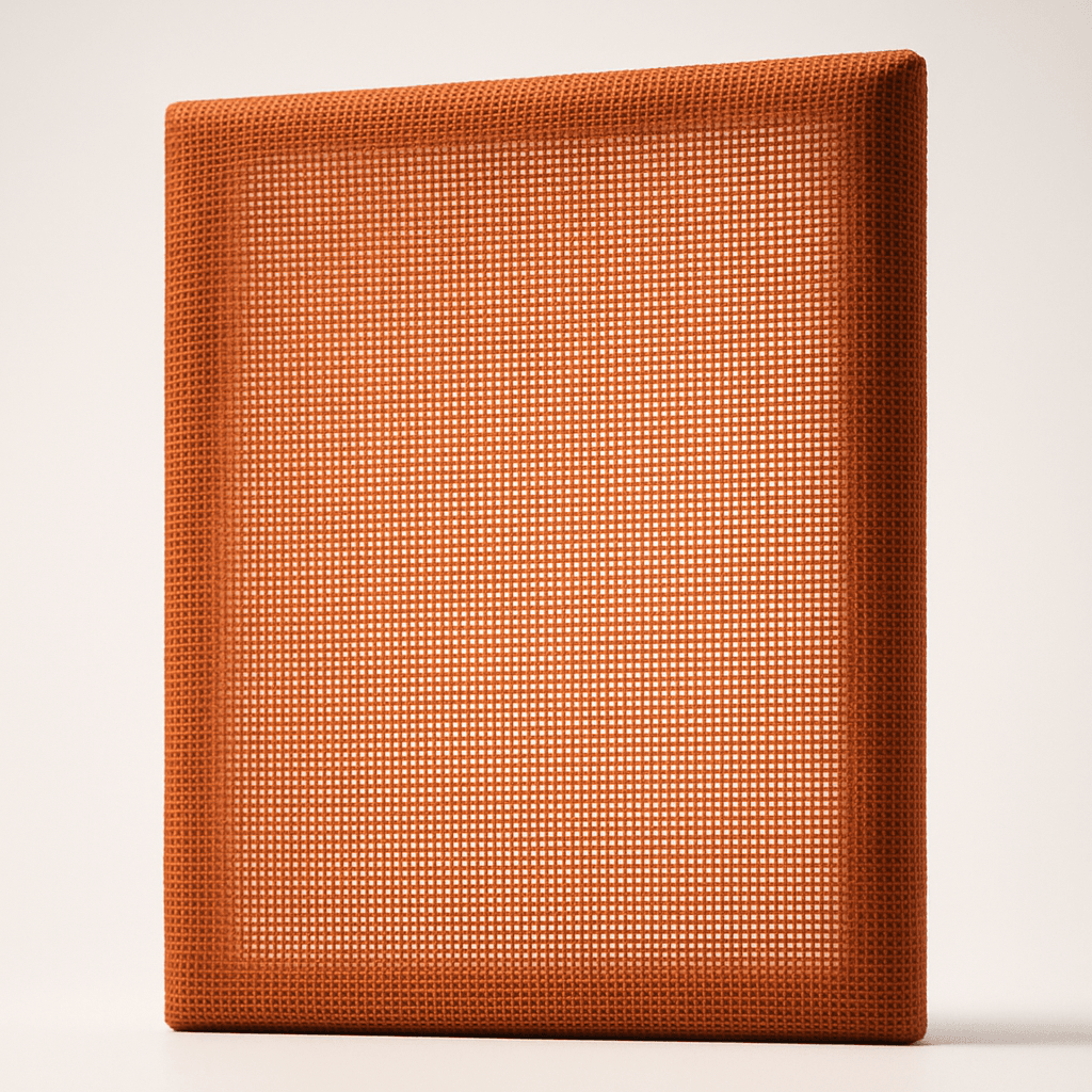 A rectangular, upright object covered in acoustically transparent fabric with a textured orange-brown, grid-like pattern, photographed against a plain, light background.