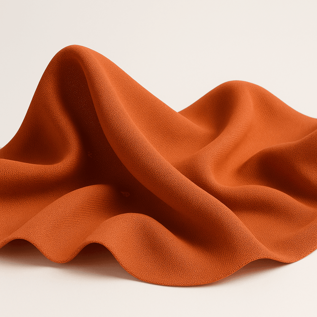 A piece of vibrant orange acoustically transparent fabric with a textured surface, artistically draped to create soft, flowing folds against a neutral, light background.