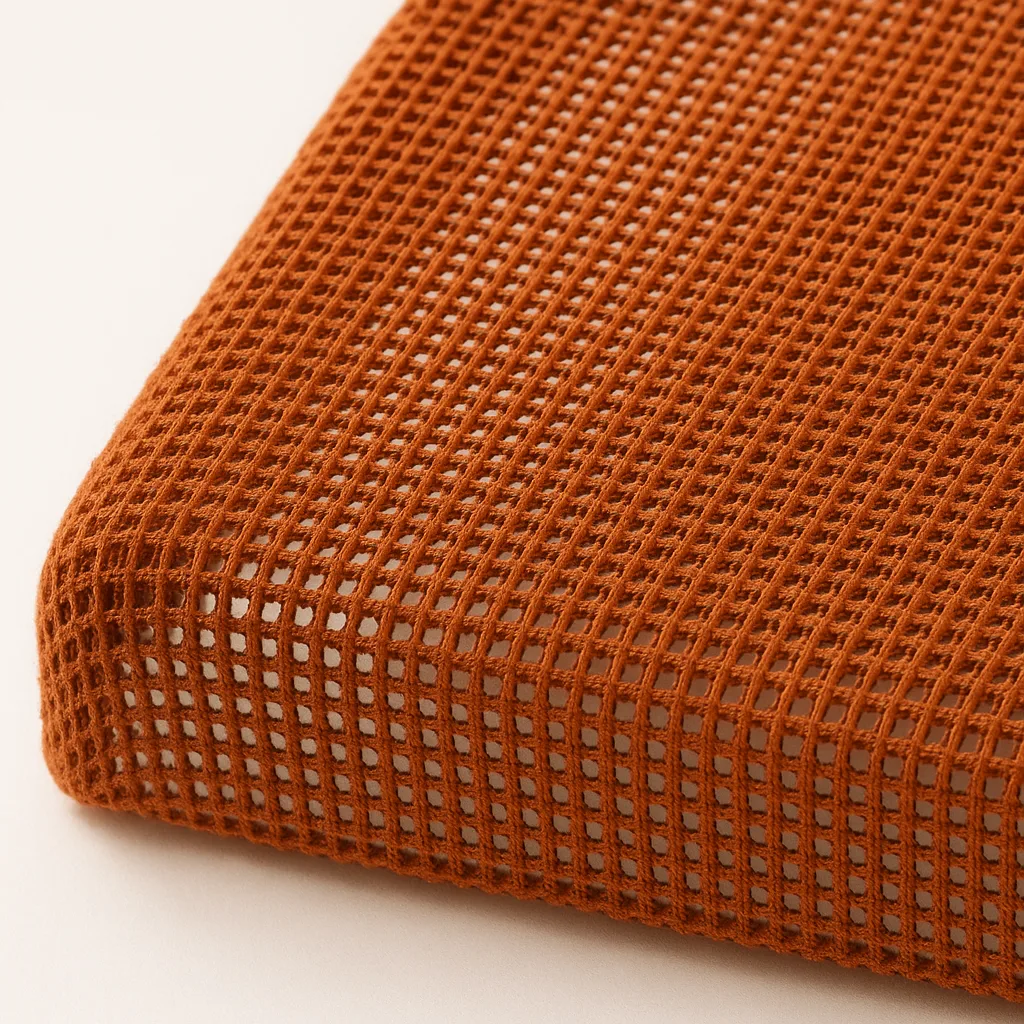 A close-up of a square object covered in textured, orange acoustically transparent fabric with a grid-like pattern, placed on a light, neutral background.