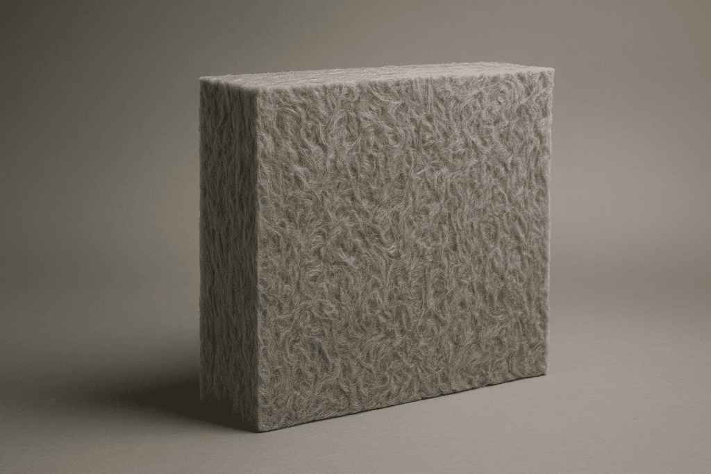 A square, box-like object covered in a textured, light gray material—resembling the fibrous look often seen in Earthwool vs. Rockwool—stands upright on a neutral surface against a plain, gray background.