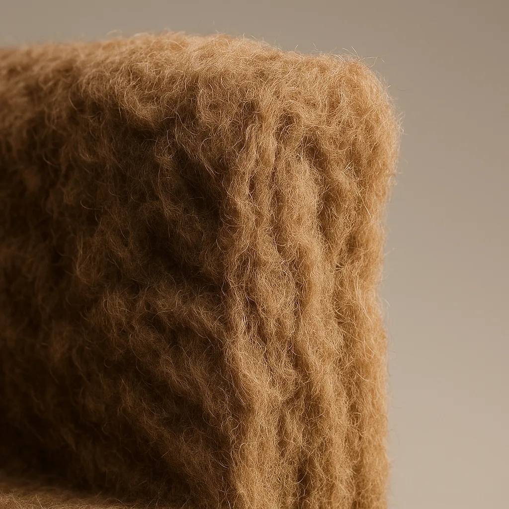 A close-up view of a rectangular block covered in thick, fuzzy, brown wool fibers against a plain beige background highlights the texture differences between Earthwool vs. Rockwool insulation materials.