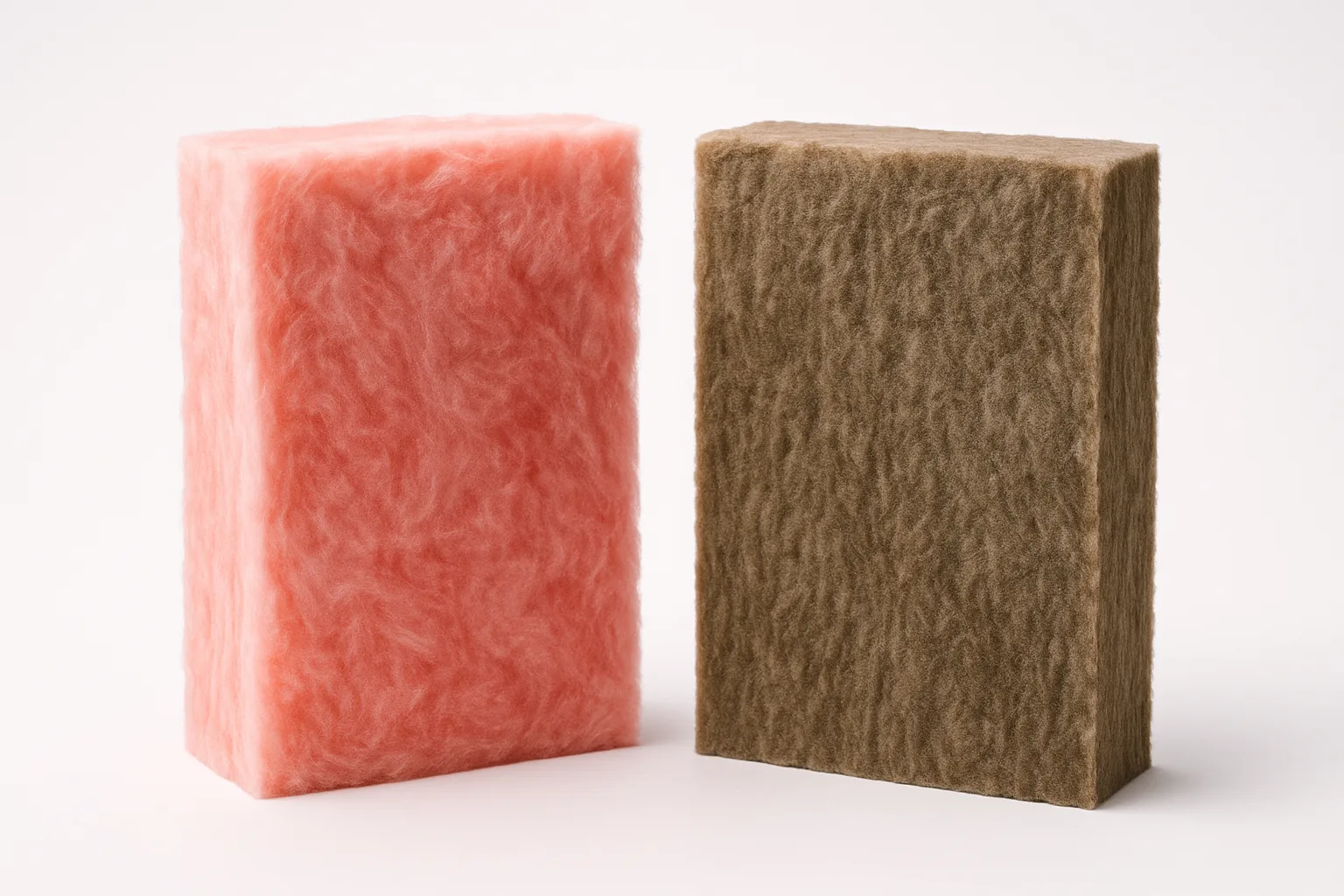 Two rectangular blocks of insulation material, illustrating Mineral Wool Insulation vs. Fiberglass, stand upright side by side on a plain white background. The pink and brown blocks both have a soft, fibrous surface.