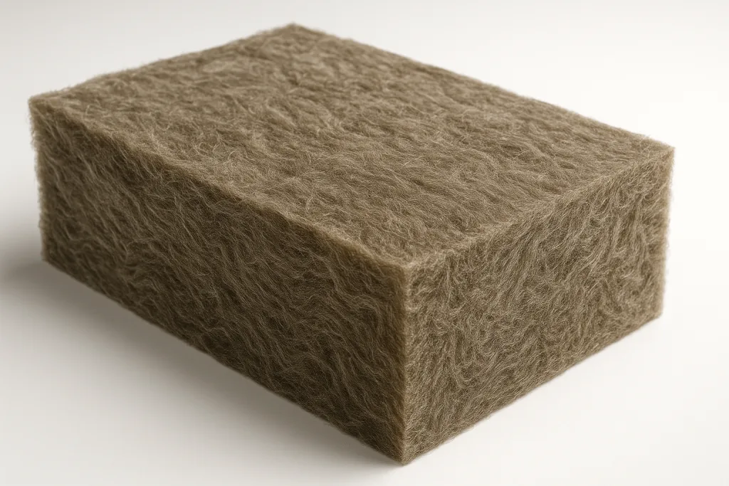 A rectangular block covered in soft, light-brown, fur-like material, similar in texture to what you might find comparing Mineral Wool Insulation vs. Fiberglass, placed on a plain white surface.