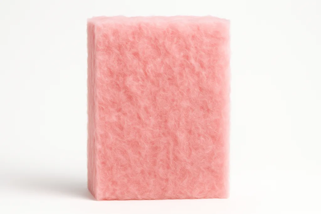 A rectangular block covered in soft, fluffy, pink material stands upright on a white background, illustrating the texture often compared when discussing Mineral Wool Insulation vs. Fiberglass.