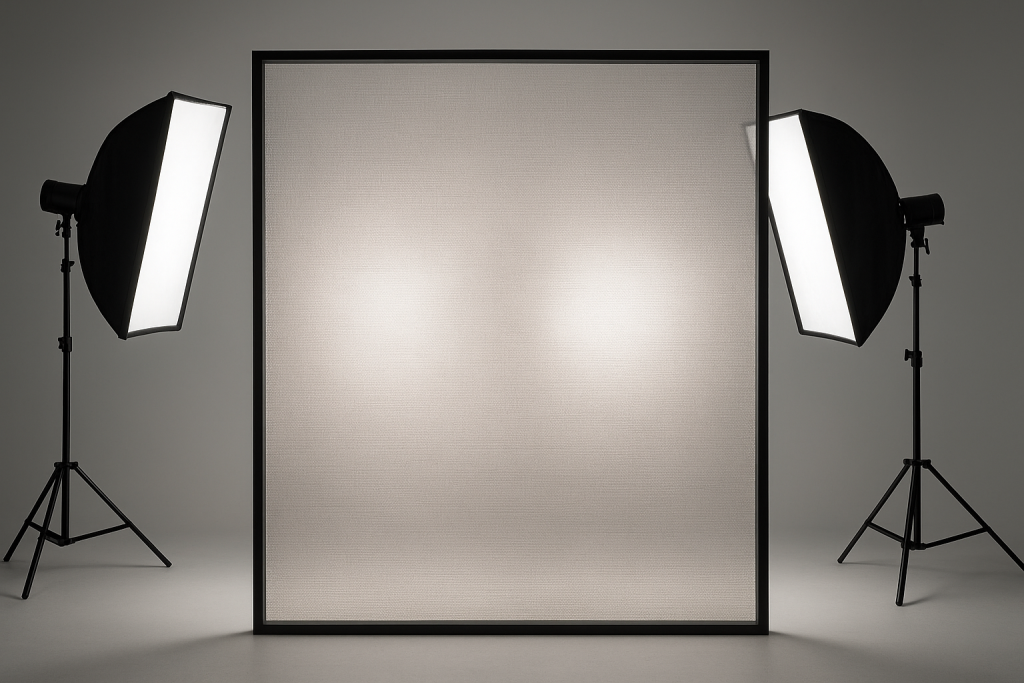 A large translucent screen, made from acoustically transparent fabric, stands centered in a studio, illuminated from both sides by two softbox lights on tripods, casting soft, diffused glows and creating a neutral, minimal backdrop.