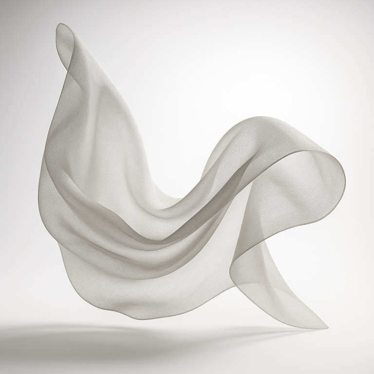 A delicate, translucent piece of fabric appears to float gracefully in midair, forming elegant, flowing curves and folds against a plain, light background—an example of what makes acoustically transparent fabric both functional and visually stunning.