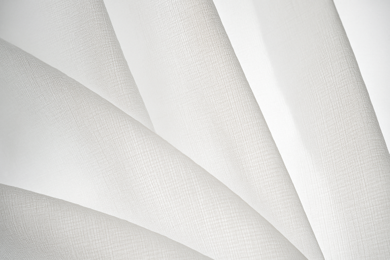 Close-up of white, semi-transparent fabric draped in soft, overlapping folds, showing a subtle textured pattern. The light enhances the delicate, airy appearance—an example of what makes acoustically transparent fabric both functional and elegant.
