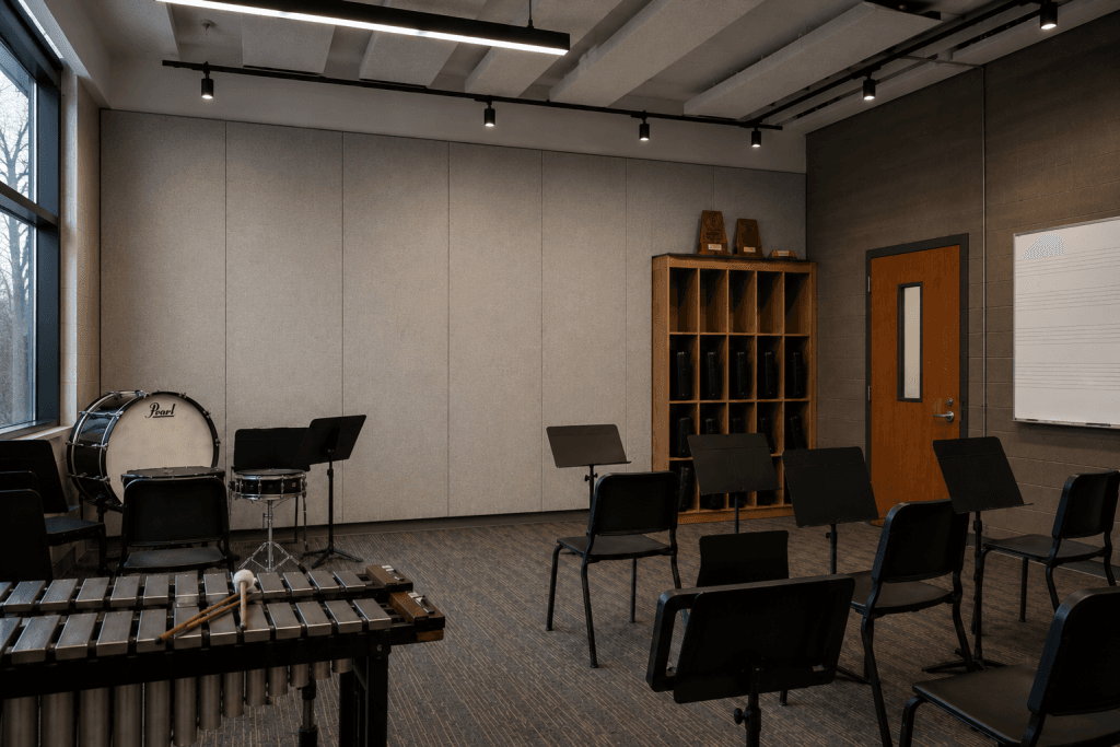 A music classroom with empty chairs and music stands, percussion instruments including a xylophone, bass drum, and snare drum, a wooden cubby shelf, a door, large window, and a whiteboard with music staff lines.
