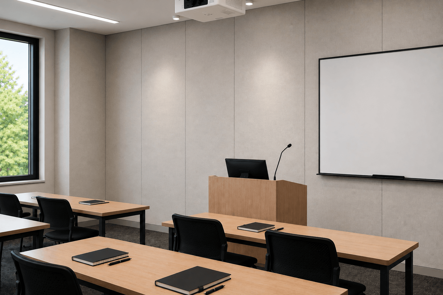 A modern, empty classroom with wooden desks, black chairs, closed laptops on the tables, a podium with a computer and microphone, a large blank whiteboard, and a window showing green trees outside.