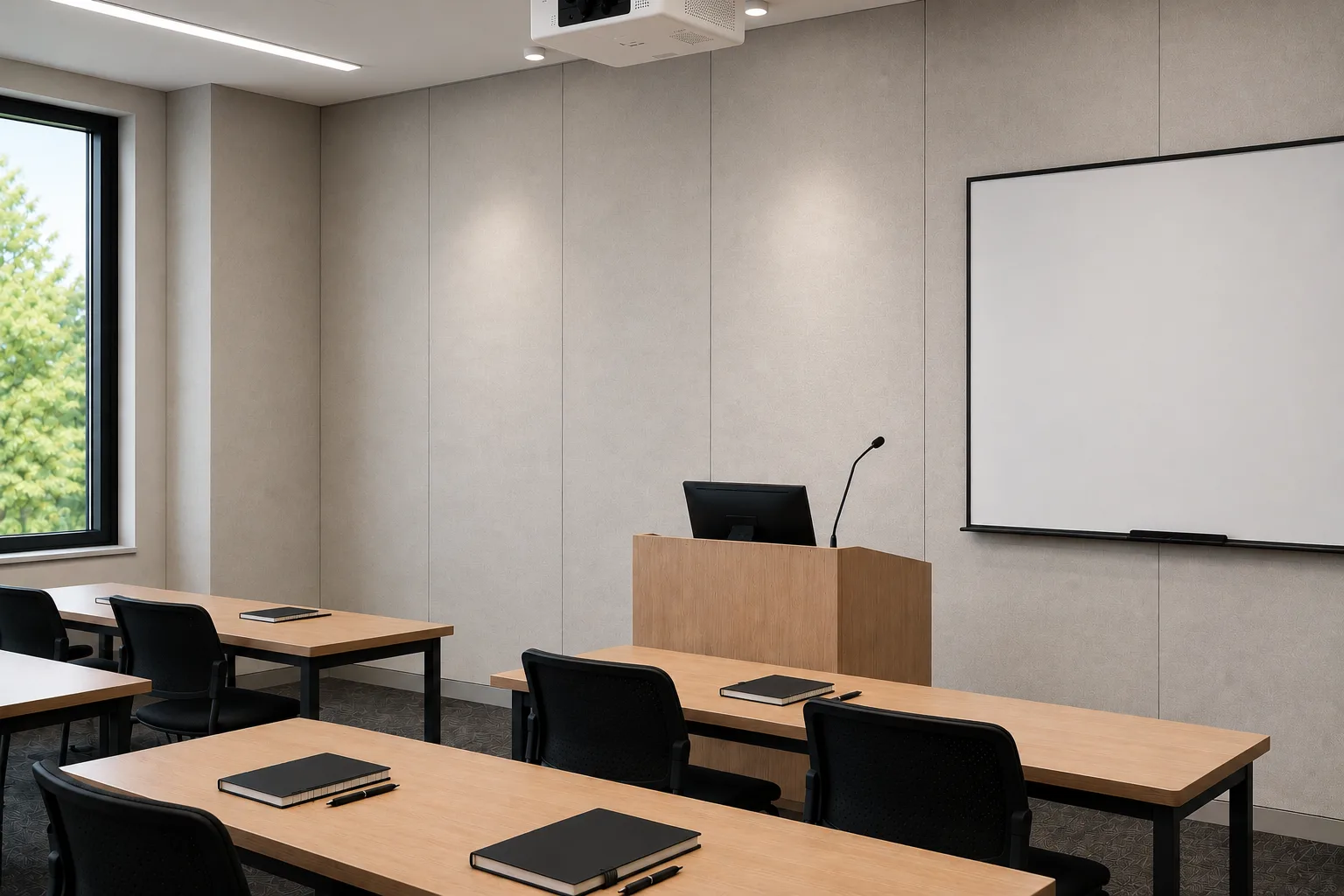 A modern, empty classroom with wooden desks, black chairs, closed laptops on the tables, a podium with a computer and microphone, a large blank whiteboard, and a window showing green trees outside.