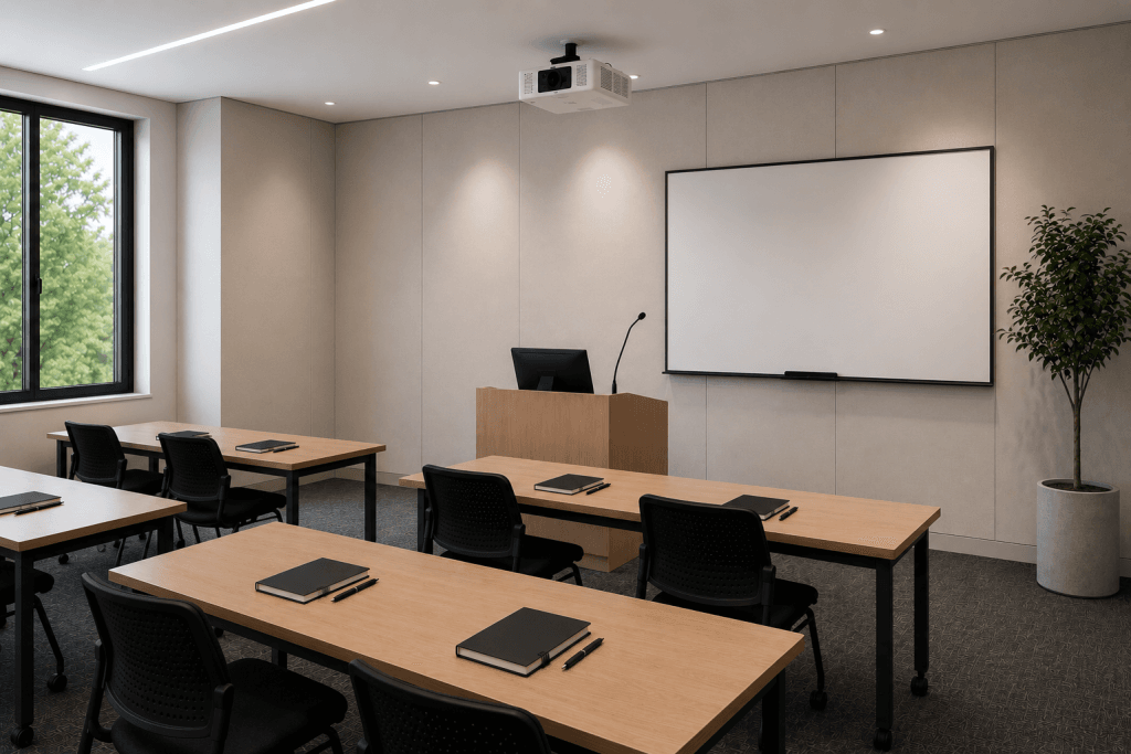 A modern classroom with wooden desks, black chairs, a whiteboard, a podium with a computer, and a potted plant. Notebooks are placed on the desks, and natural light comes through a large window.