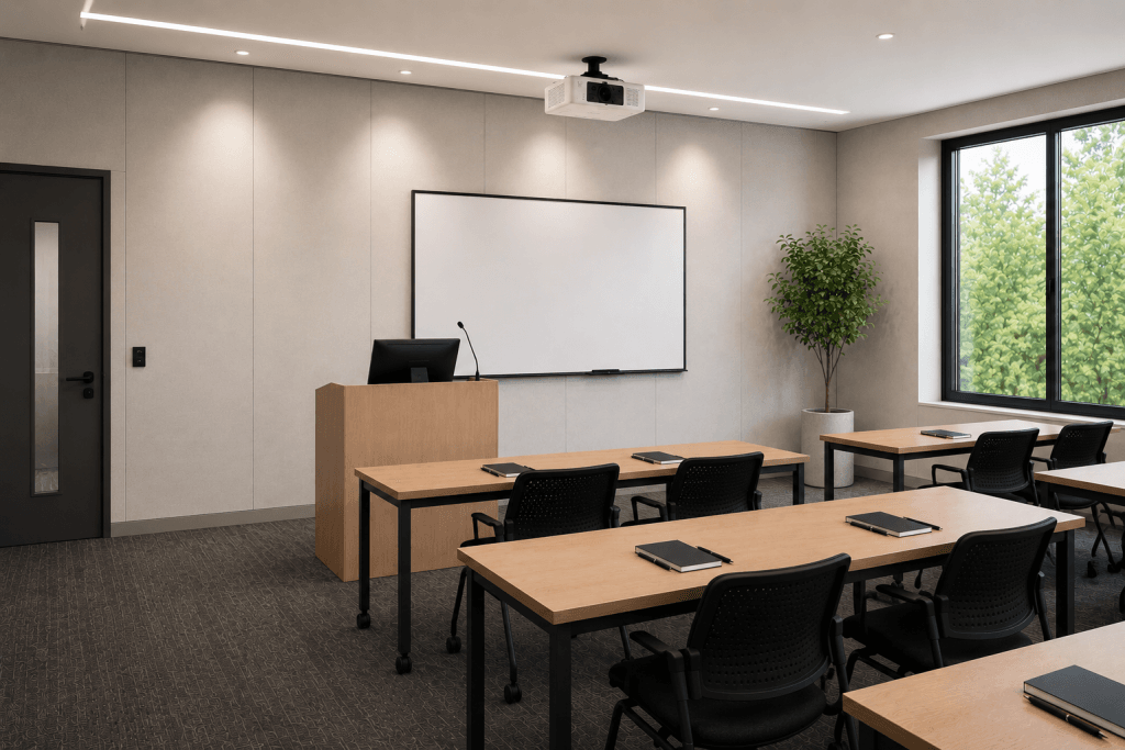 A modern classroom with rows of tables and black chairs, each table holding a closed notebook. At the front, there is a wooden podium, a computer, a blank whiteboard, and a potted plant by large windows.