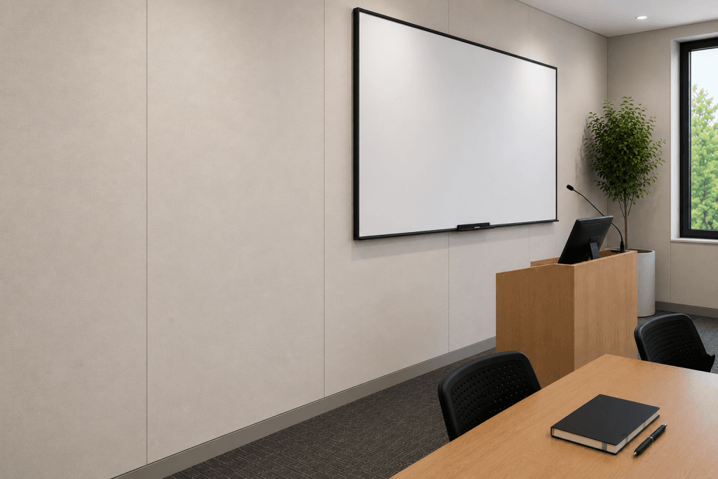 A modern conference room with a large whiteboard, a wooden podium with a microphone and computer, a book on a table, black chairs, a potted plant, and a window letting in natural light.