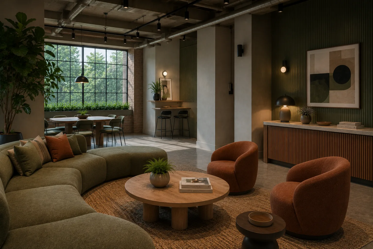 A modern living room with a curved green sofa, two orange chairs, a round wooden coffee table, large windows, and dining area in the background, decorated with plants and contemporary artwork.