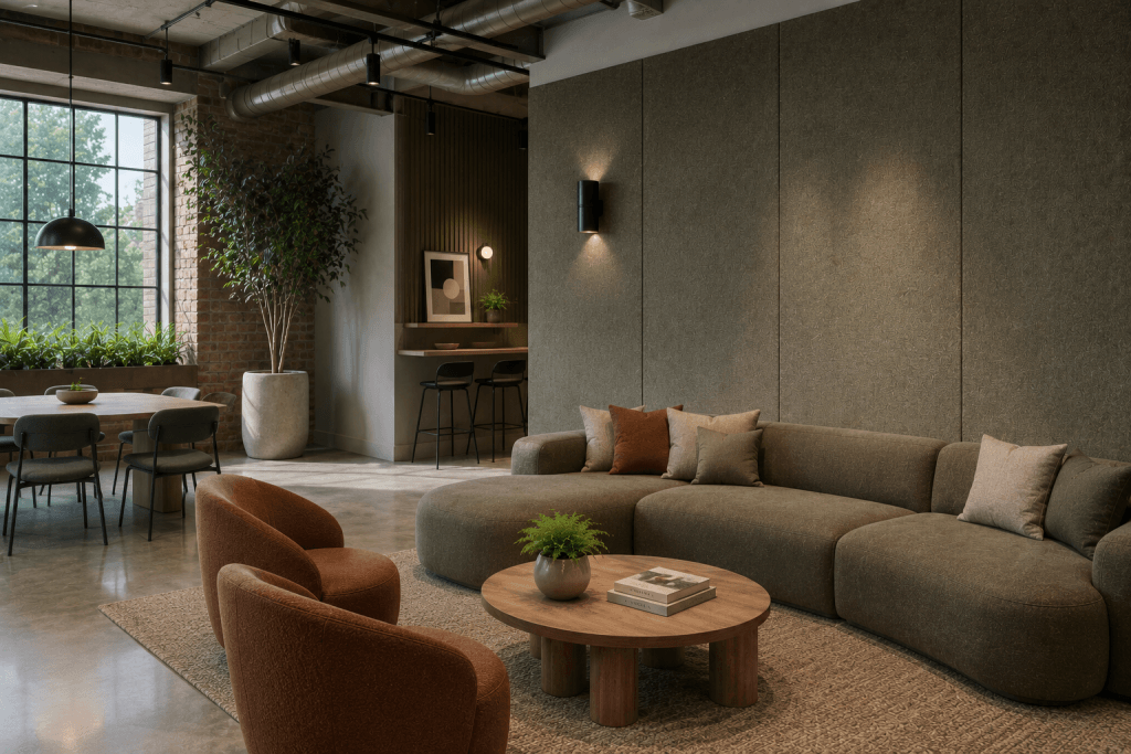 A modern living space with a large olive green sectional sofa, two rust-colored armchairs, a round wooden coffee table, and a dining area by a large window with green plants and industrial-style decor.