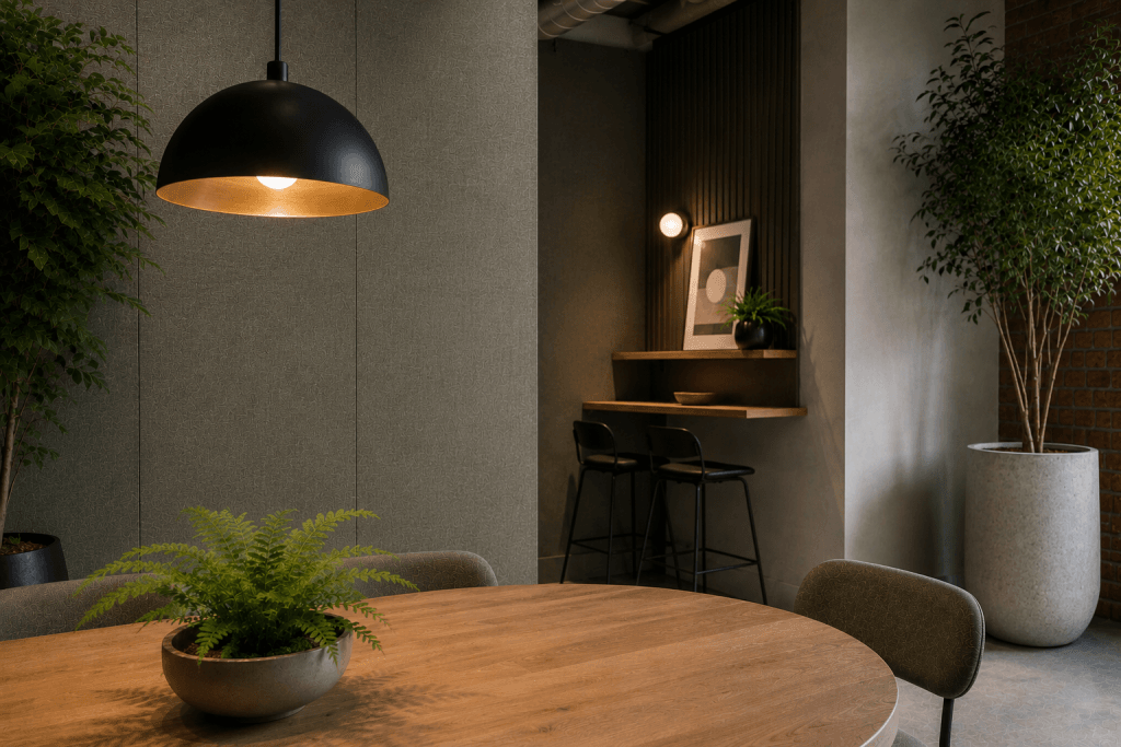 A modern dining area with a round wooden table, green chair, and potted fern under a black pendant light. In the background, a cozy nook with two bar stools, framed art, and plants, all in a minimalist, neutral-toned setting.