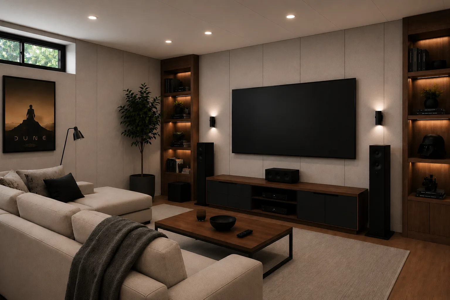 A modern home theater features a large wall-mounted TV, built-in shelves with decor, a light sectional sofa, a wooden coffee table, and a framed Dune movie poster. Soft lighting creates a cozy atmosphere.