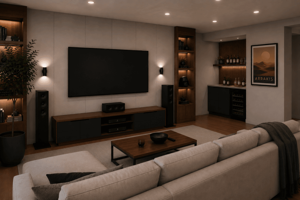 A modern living room with a large wall-mounted TV, built-in shelves with books and decor, a beige sectional sofa, a wooden coffee table, and a bar area with wine bottles. Warm lighting creates a cozy atmosphere.