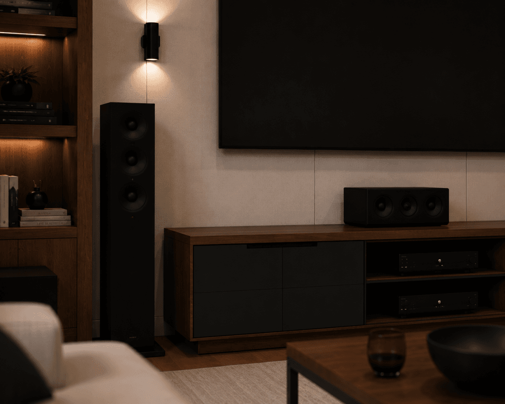 A modern living room with a large wall-mounted TV, black speakers, a wooden media console, shelves with decor, and soft ambient lighting.