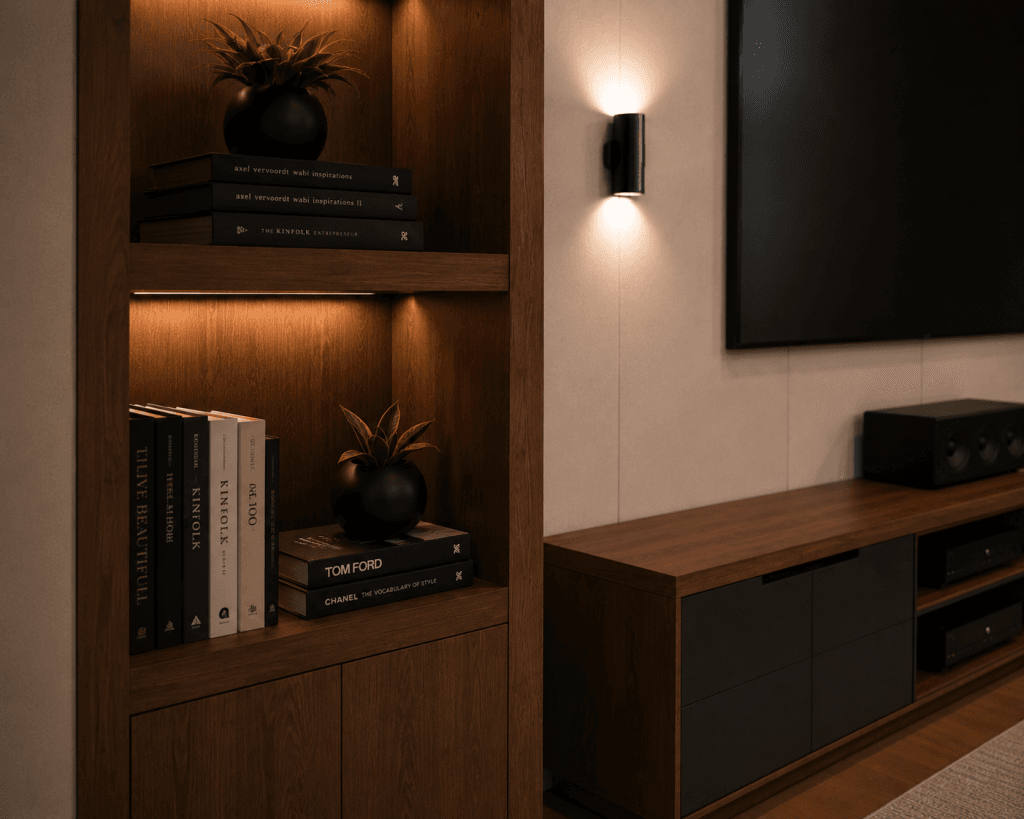 A modern wooden bookshelf with two shelves holds books and small potted plants, softly lit by built-in lighting. Beside it, a dark TV console sits below a mounted flat-screen TV on a beige wall.