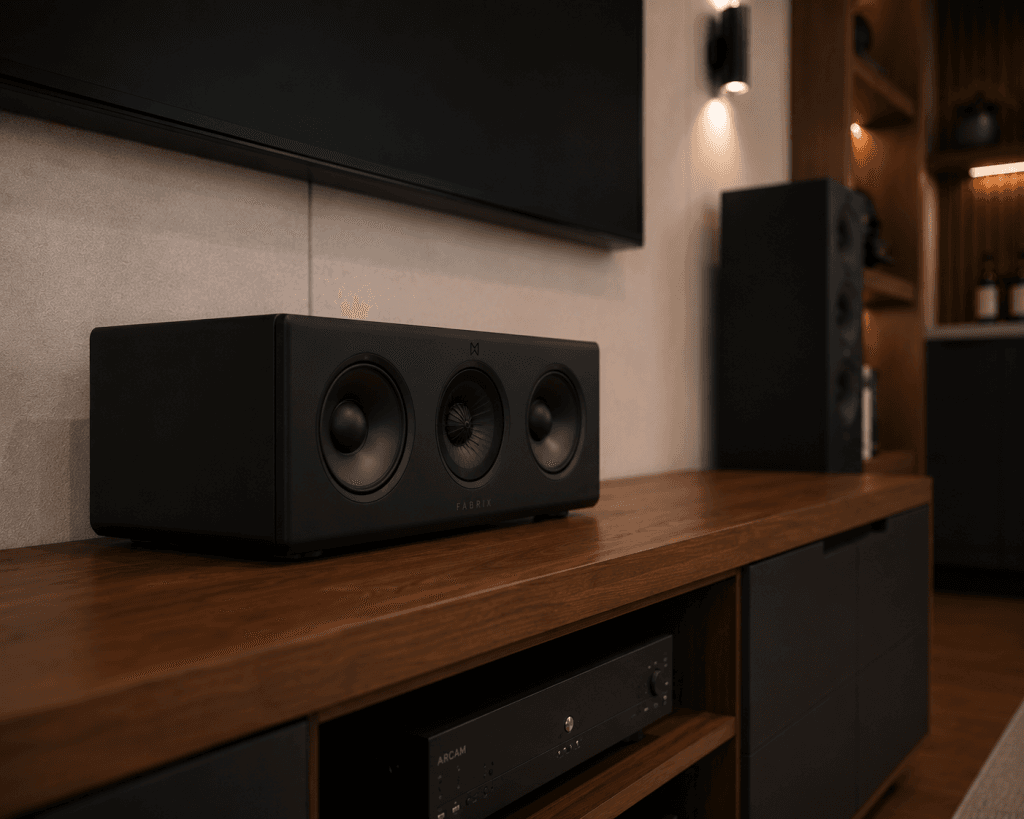 A sleek black speaker with three drivers sits on a wooden media console in a modern living room, with other audio equipment and shelves visible in the softly lit background.