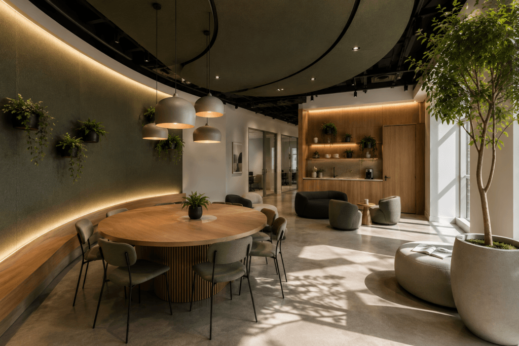 A modern office lounge with a round wooden table, green chairs, hanging plants, soft lighting, a small kitchenette, and large potted plants, creating a warm and inviting workspace atmosphere.