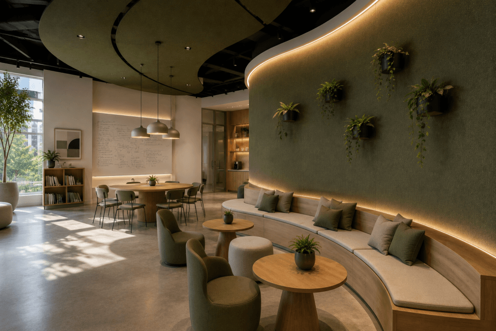 A modern, cozy lounge with curved seating, round tables, green plants on the wall, large windows, and a whiteboard. Warm lighting and natural décor create a welcoming, relaxed atmosphere.