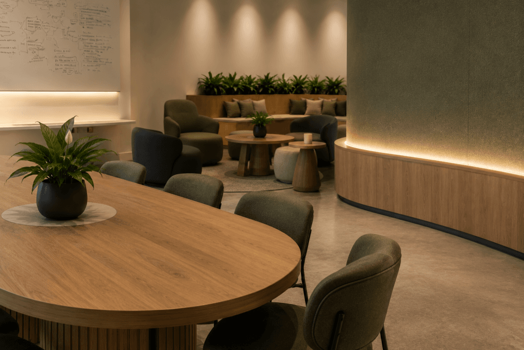Modern lounge area with wooden tables, green upholstered chairs, potted plants, soft ambient lighting, and a whiteboard with writing on the wall. The space has a cozy, minimalist design and curved wooden features.