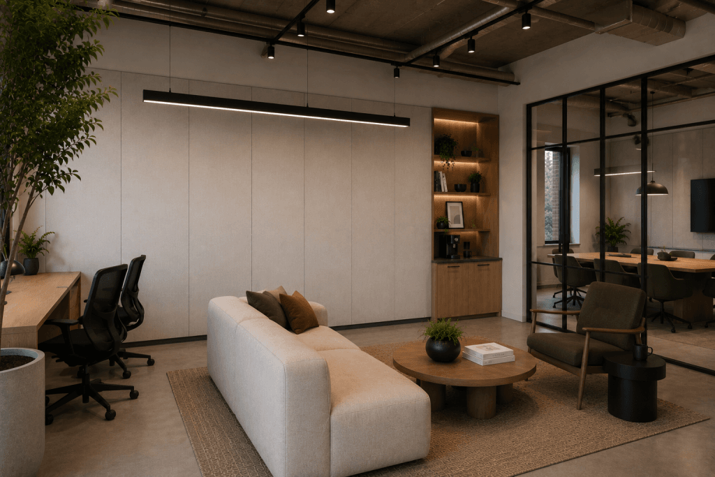 Modern office with minimalist decor featuring a beige sofa, round wooden coffee table, armchair, desks with chairs, built-in shelves with plants, large indoor plant, and glass-walled meeting room in the background.