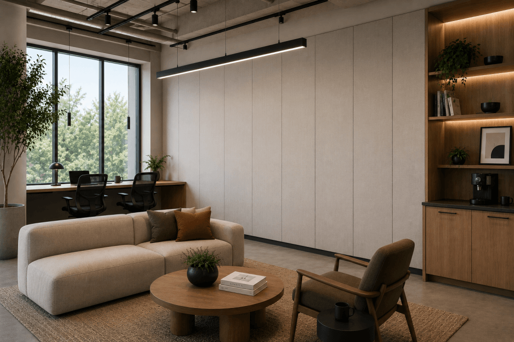Modern office lounge with a beige sofa, wooden coffee table, and green armchair on a rug. Built-in shelves, plants, and large window with a view of trees provide a cozy, minimalist atmosphere.