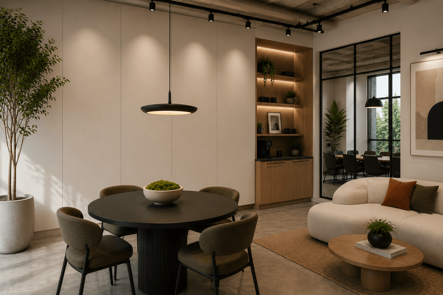A modern living and dining area with a round black dining table, green chairs, a white curved sofa, coffee table, built-in shelves with decor, large plants, and minimalist wall art under warm lighting.