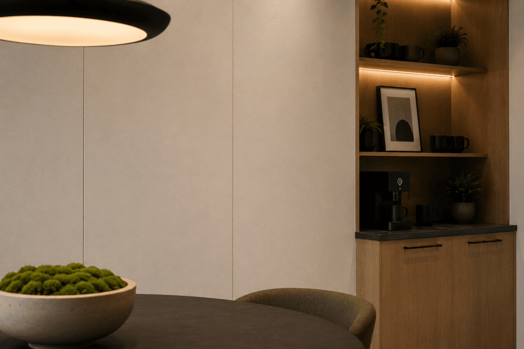 A modern, minimalist kitchen corner with wooden cabinets, open shelves displaying black mugs, plants, a framed abstract art piece, and a coffee machine. A round table with a bowl of green moss sits in the foreground.