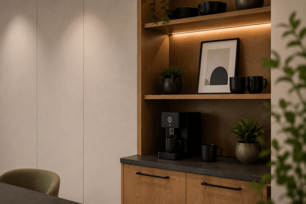 A modern coffee station with a black coffee machine, mugs, potted plants, and abstract art on wooden shelves, all set against a minimalist beige wall. Warm lighting highlights the cozy setup.