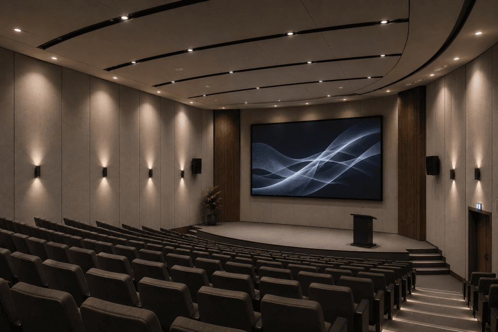 A modern, empty auditorium with tiered seating, beige walls, soft lighting, a large screen displaying abstract waves, a small podium on stage, and a potted plant near the screen.